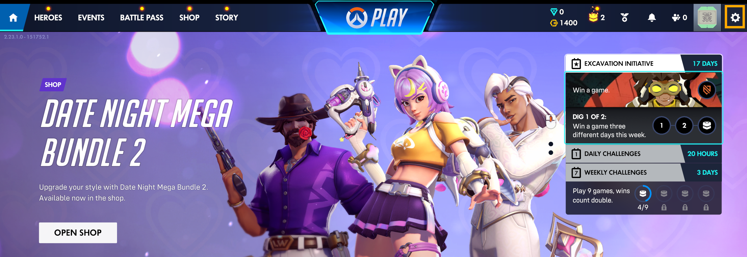 Overwatch main screen with the settings cog in the top-right corner.