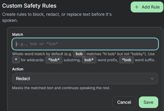 SylphSpeak custom safety rule editor with match and action settings.