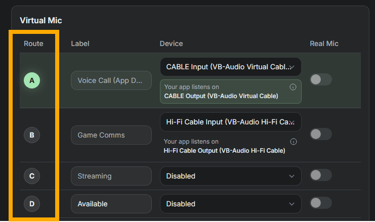 SylphSpeak Devices settings showing route rows under Virtual mic.