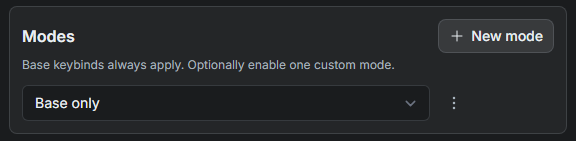 SylphSpeak Keybinds Modes card with New mode and a Base only dropdown.