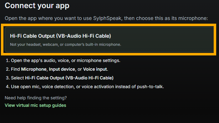SylphSpeak onboarding screen showing the app connection step.