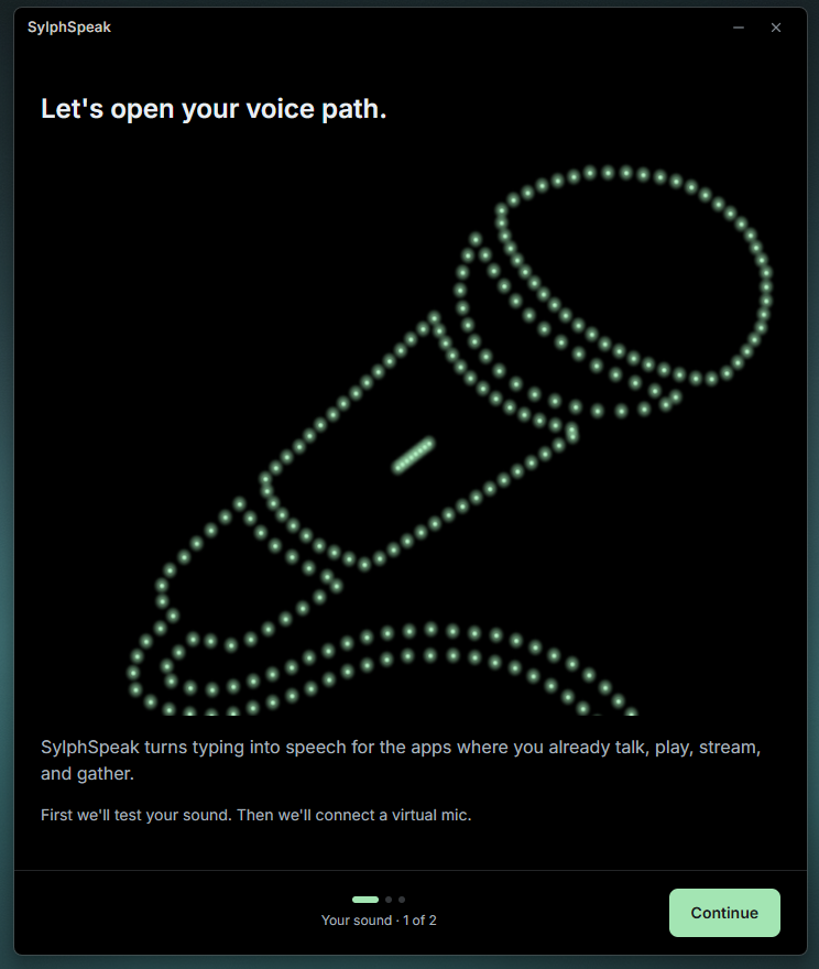 SylphSpeak onboarding welcome screen with a Continue button.