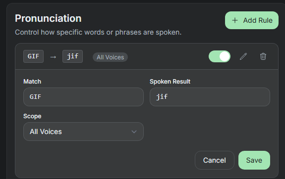 SylphSpeak Pronunciation editor showing fields for Match, Spoken result, and voice scope.