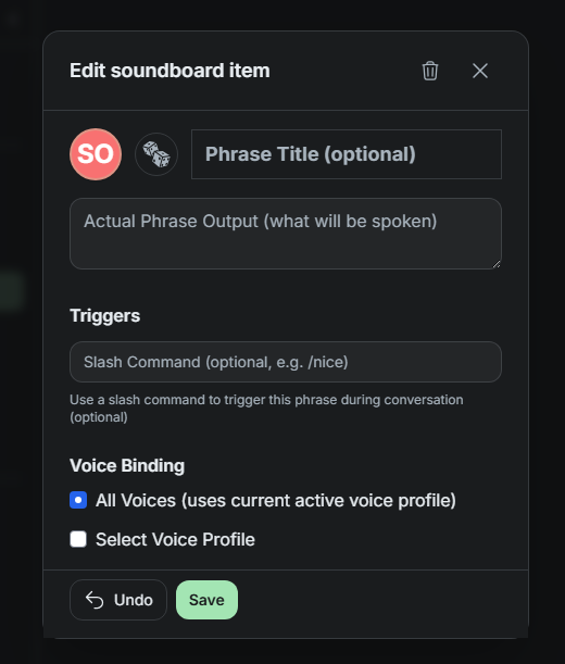 SylphSpeak Soundboard item editor with fields for title, phrase output, triggers, and voice binding.