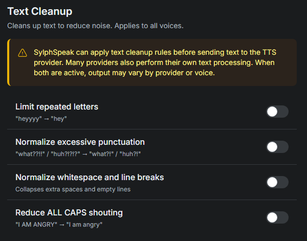 SylphSpeak Speech Rules screen showing automated text cleanup rules.
