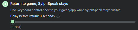 The Show and hide settings with Return to game, SylphSpeak stays and delay options visible.