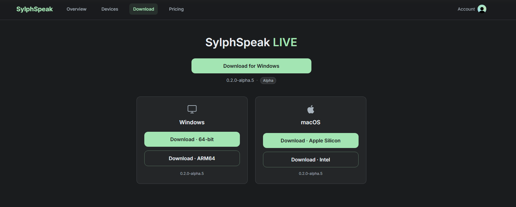 The SylphSpeak account download page with the download button near the top-center.