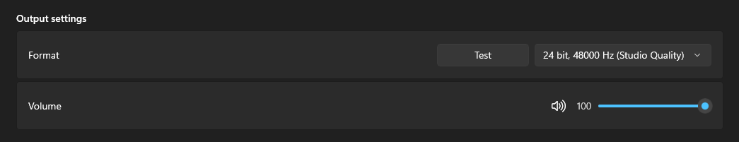 Windows sound settings showing the virtual mic output format options.