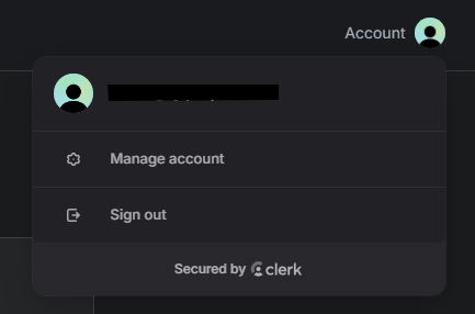 Account menu showing Sign out and Manage account options.