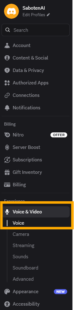 Discord settings with Voice & Video in the left-hand navigation menu.
