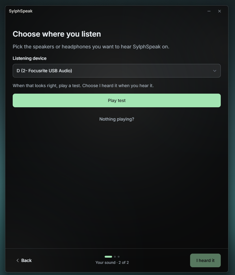 Listening device selection screen with a Play test option.