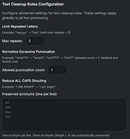 SylphSpeak Advanced settings showing Text Processing Rules.