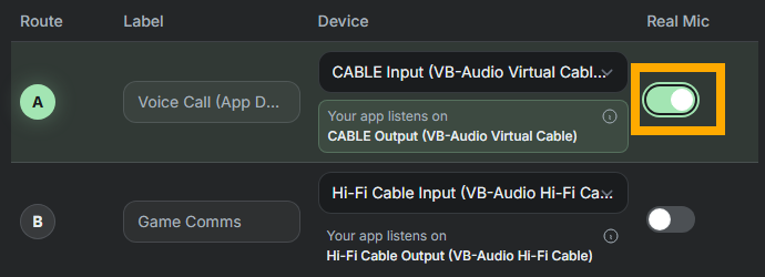 SylphSpeak Devices settings showing real mic enabled on a route.
