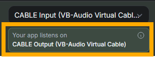 SylphSpeak Devices settings showing the virtual mic name under Your app listens on.