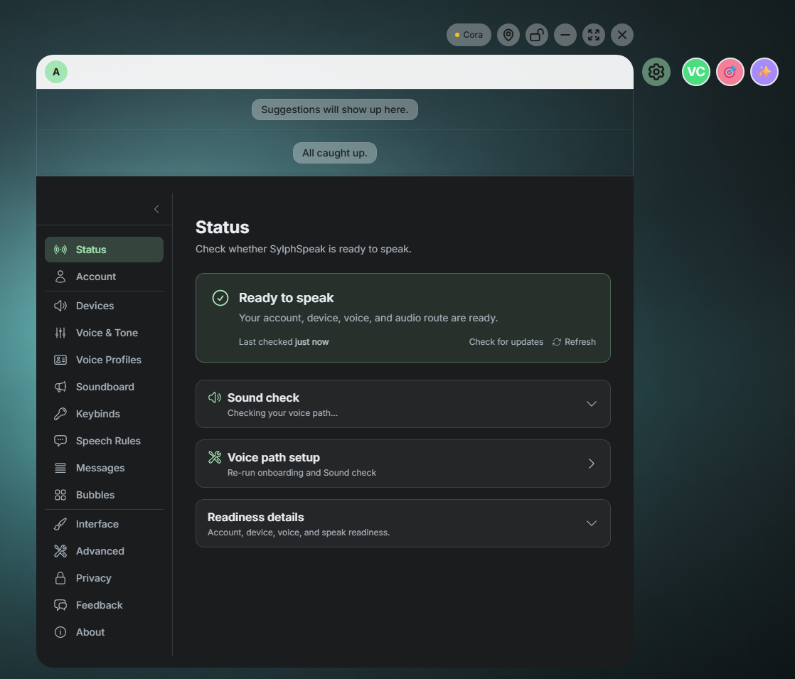 SylphSpeak in config mode with the config panel open.