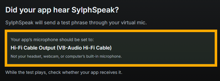 SylphSpeak onboarding screen asking whether the connected app heard SylphSpeak.
