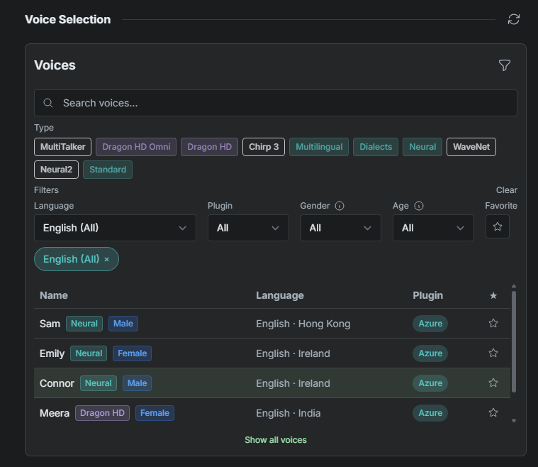 SylphSpeak Voice Selection area with voice filters and voice options.