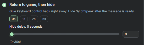 The Return to game, then hide setting and delay options visible.