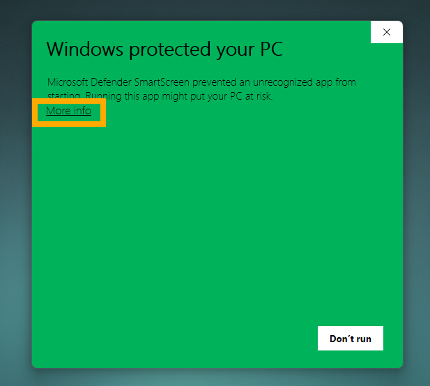 Windows SmartScreen protection message with the More info option.