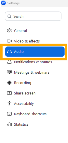 Zoom settings window with Audio selected in the left navigation.