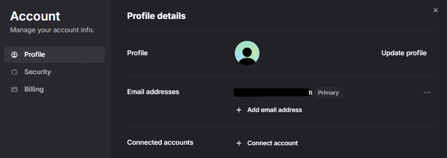 Account profile settings with connected accounts, email addresses, and profile image options.