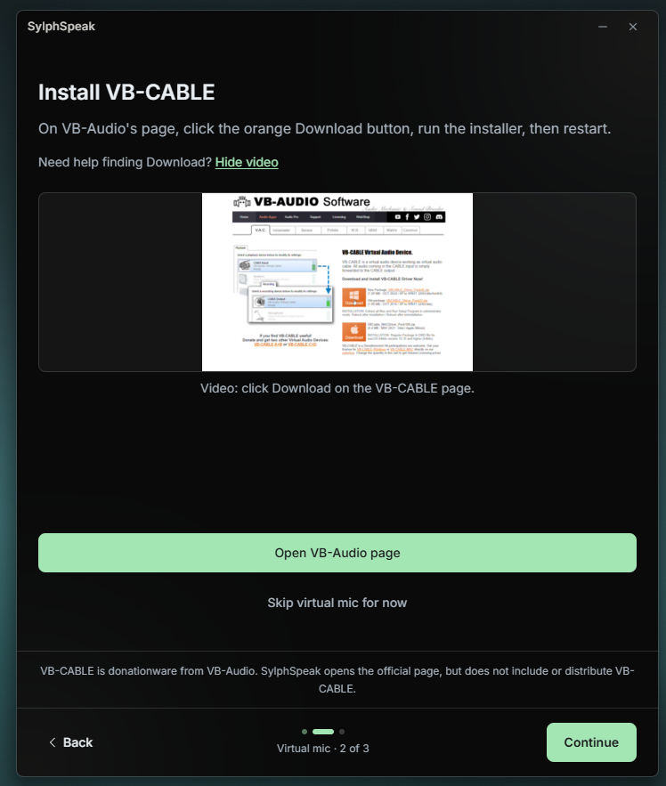 Onboarding screen prompting you to install a virtual mic (VB-CABLE).