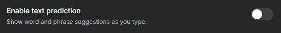 SylphSpeak Advanced settings showing the text prediction toggle.