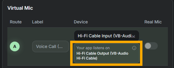 SylphSpeak Devices settings showing the virtual mic name under Your app listens on.