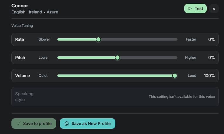 SylphSpeak Voice & Tone screen showing voice tuning and profile save settings.