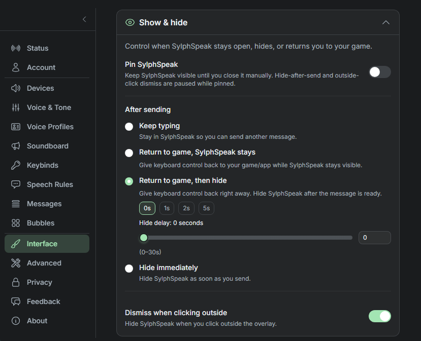 The Show and hide settings with hide behavior options visible.