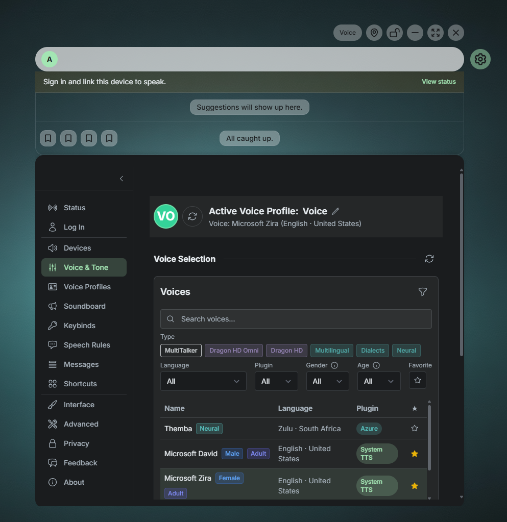 The SylphSpeak config panel open after onboarding.