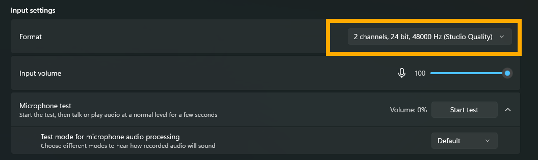 Windows sound settings showing the virtual mic input format options.