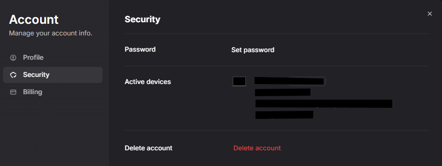 Account security settings with account security and delete account options.