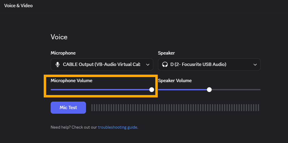 Discord Voice & Video settings showing the microphone volume control.