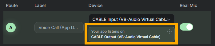 SylphSpeak Devices settings showing the virtual mic name under Your app listens on.