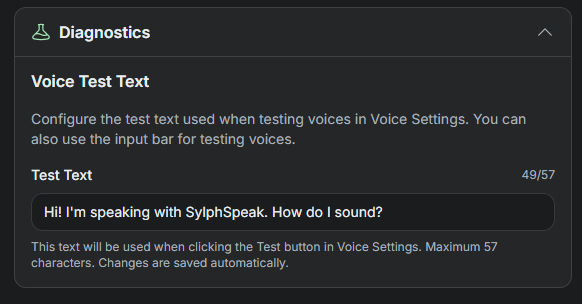 SylphSpeak Diagnostics settings showing Voice test text.