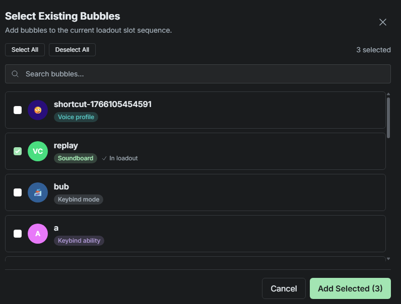 SylphSpeak dialog for selecting existing bubbles.