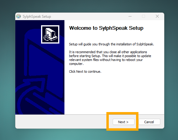 The SylphSpeak installer showing the install location step.
