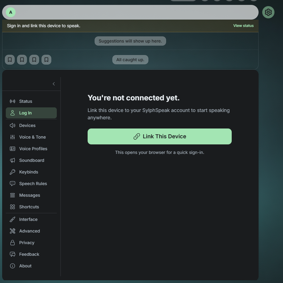 The SylphSpeak login or account connection screen.