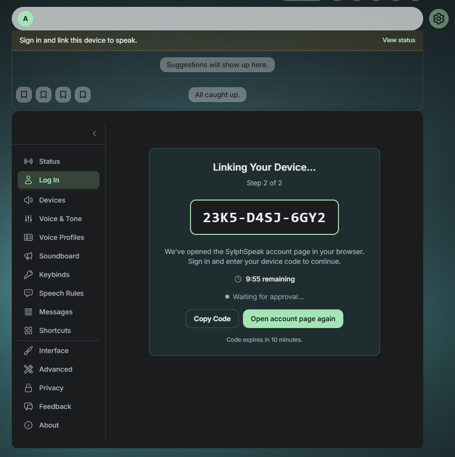 A SylphSpeak device linking step during account sign-in.