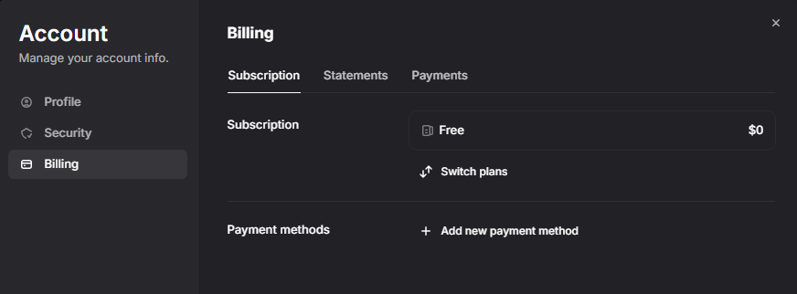 Account billing settings showing subscription, payment methods, statements, and payments.