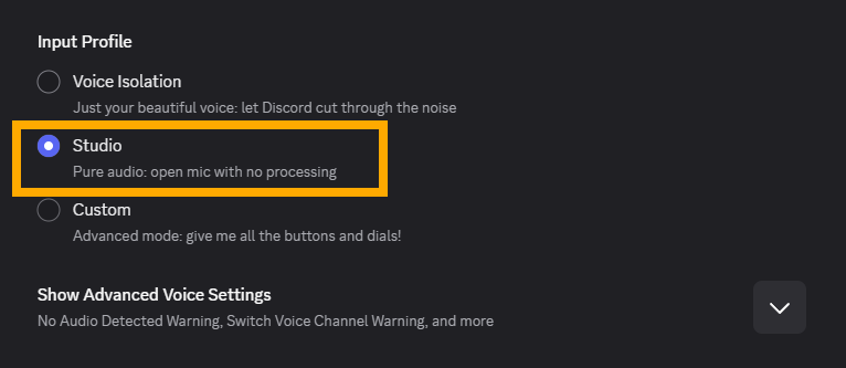 Discord Voice & Video settings showing audio processing mode options.