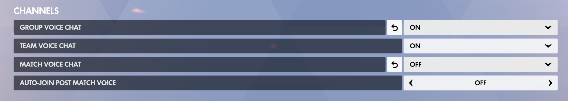 Overwatch Channels settings showing voice channel options.