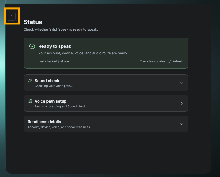 SylphSpeak config panel with the navigation menu collapsed.