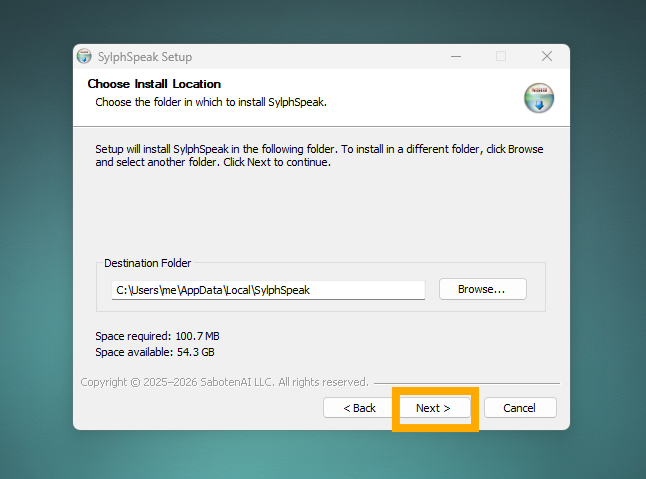 The SylphSpeak installer ready to continue after the install location is selected.