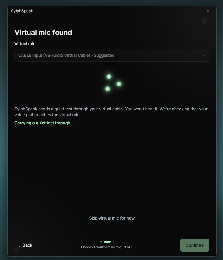 Virtual mic verification screen running a connection test.