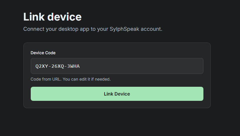 A later SylphSpeak device linking confirmation step.