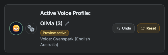 SylphSpeak active voice card showing Preview mode.