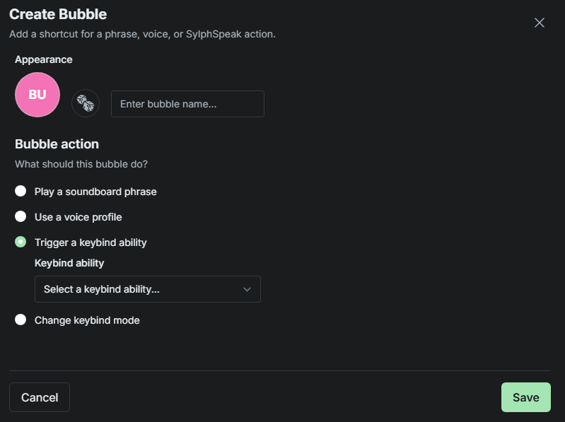 SylphSpeak Bubbles settings showing the create bubble option.