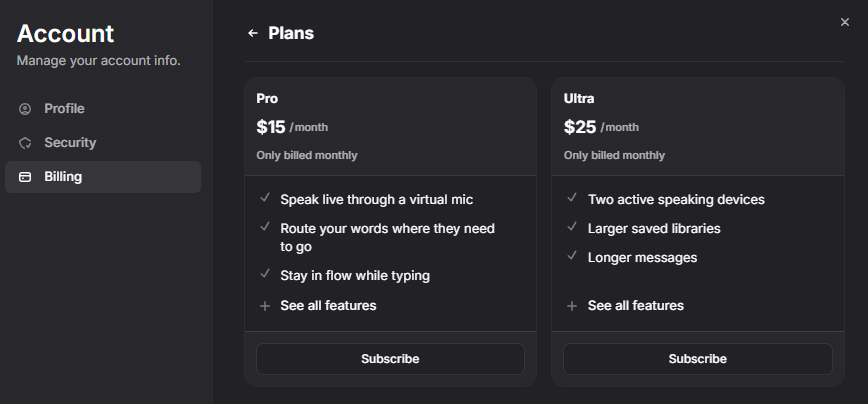 SylphSpeak subscription plan screen with plan options.